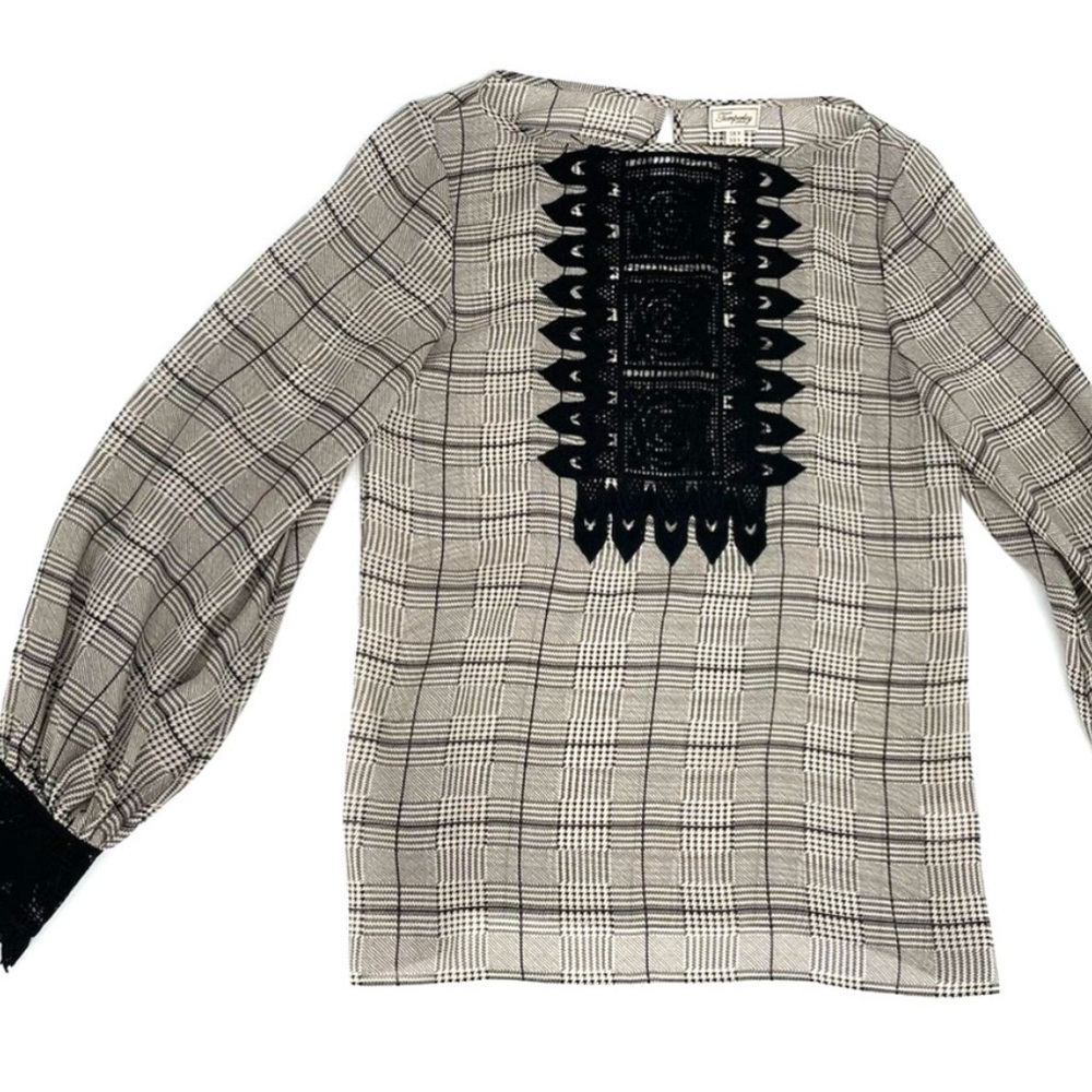Temperley London Plaid Printed and Black Lace 100% Silk Blouse Women's Size 4